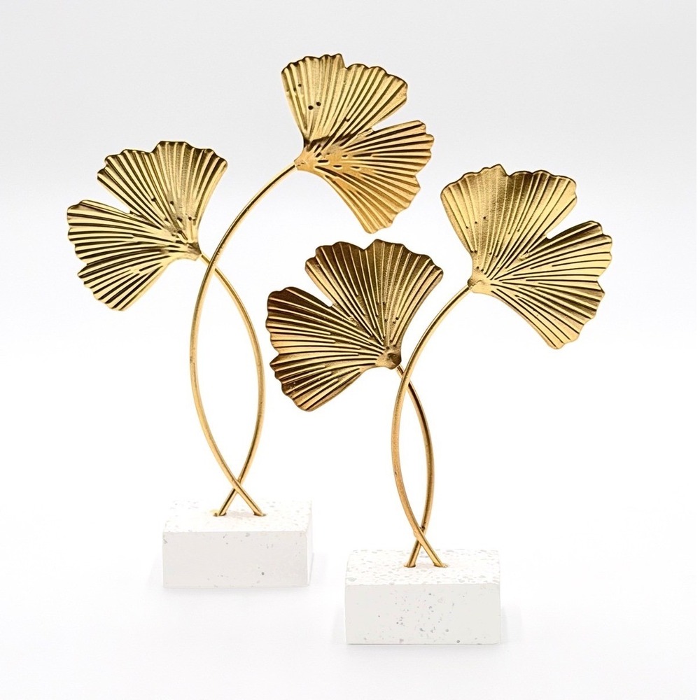 Gold Ginkgo Leaf Sculptures Set 2 Terrazzo Style Base Glam Botanical Table Decor